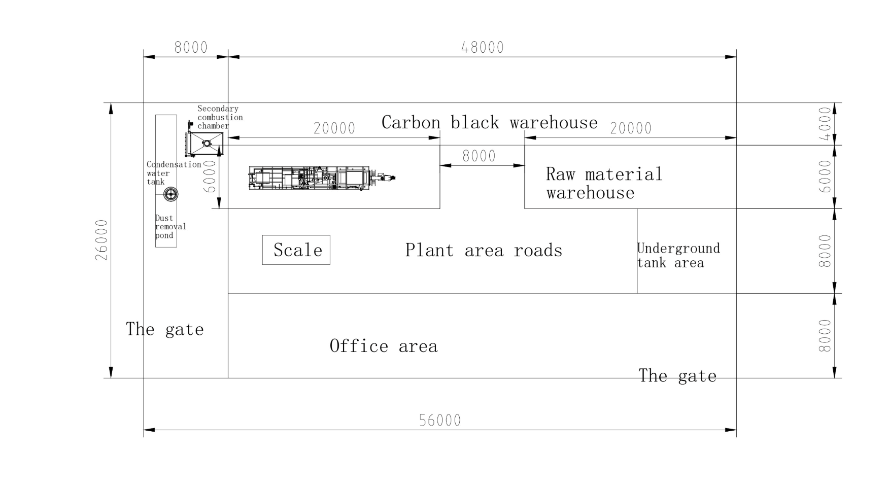 Site layout drawing for one 1-tonne waste line, 56 x 26 metre plot